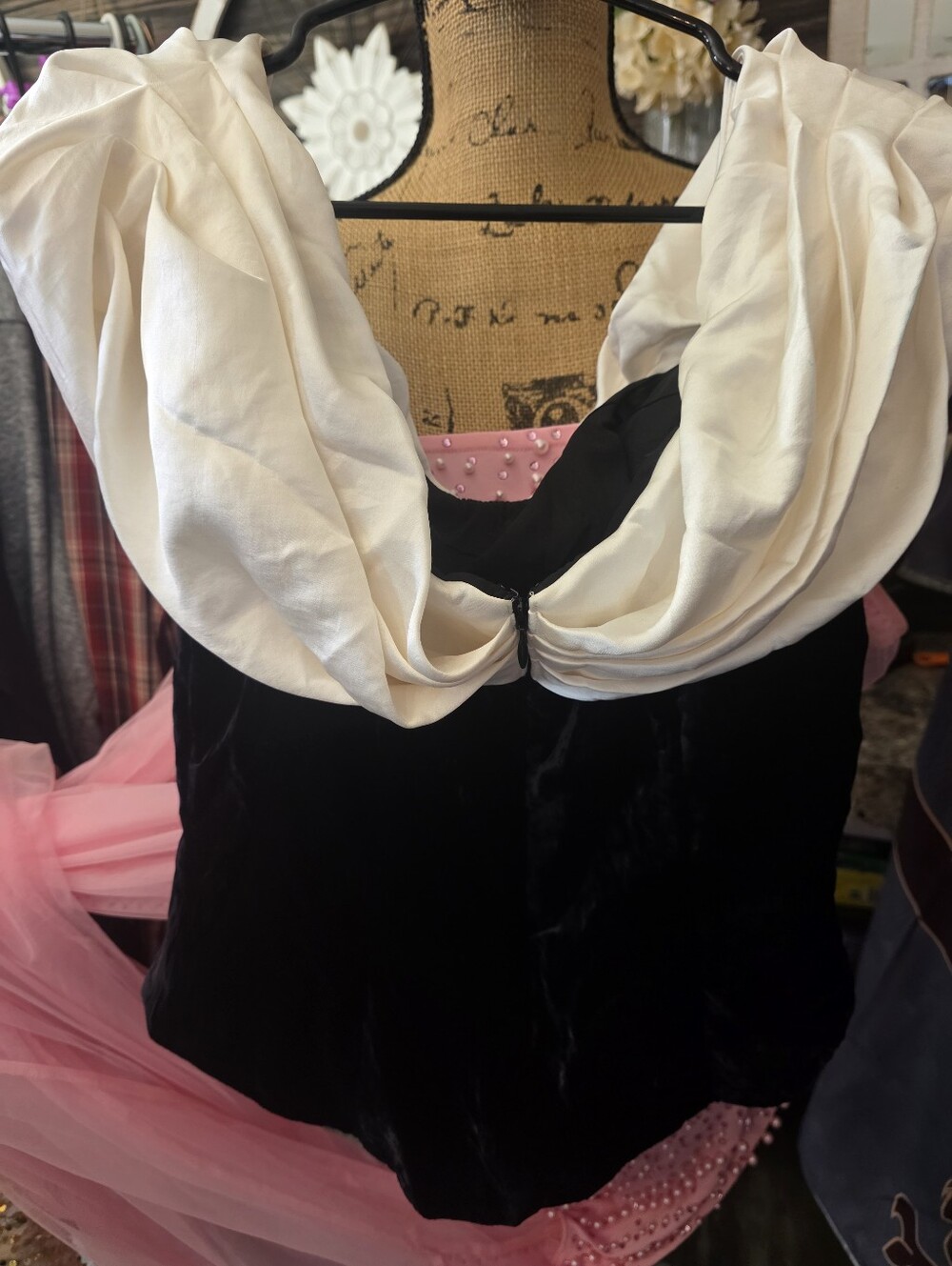 White House Black Market Off-Shoulder Black Velvet Top with White Draped Detail - Picture 3 of 5